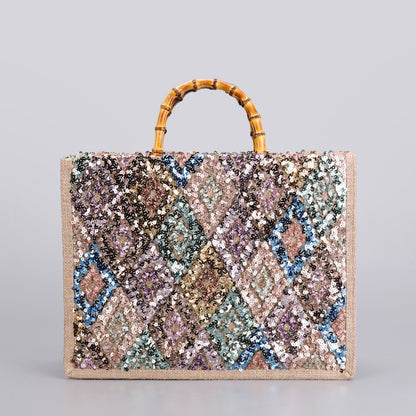 Luxury Bamboo Handle Sequin Floral Tote Bag - Large Capacity Straw & Jute Embroidered Travel Handbag