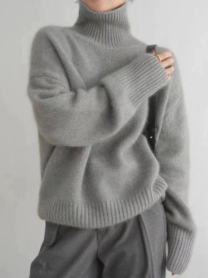Chic Chunky Turtleneck Sweater - Slouchy Solid Knit Pullover Loose Fit Warm Winter Top