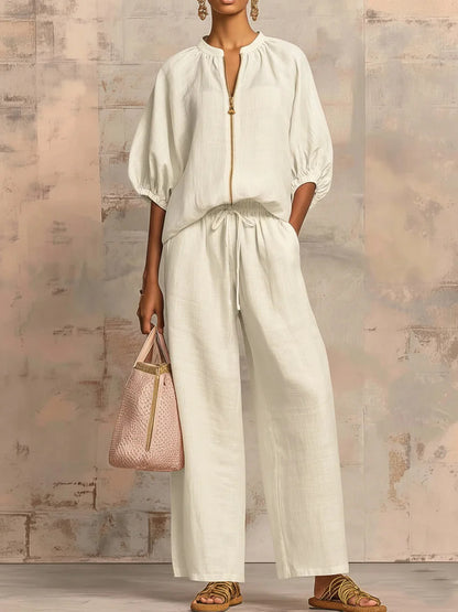 Ensemble de salon chic deux pièces - Blouse à demi-zip et manches bouffantes & Pantalon large taille haute pour femme, survêtement décontracté élégant