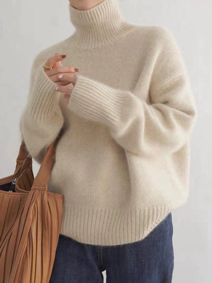 Chic Chunky Turtleneck Sweater - Slouchy Solid Knit Pullover Loose Fit Warm Winter Top