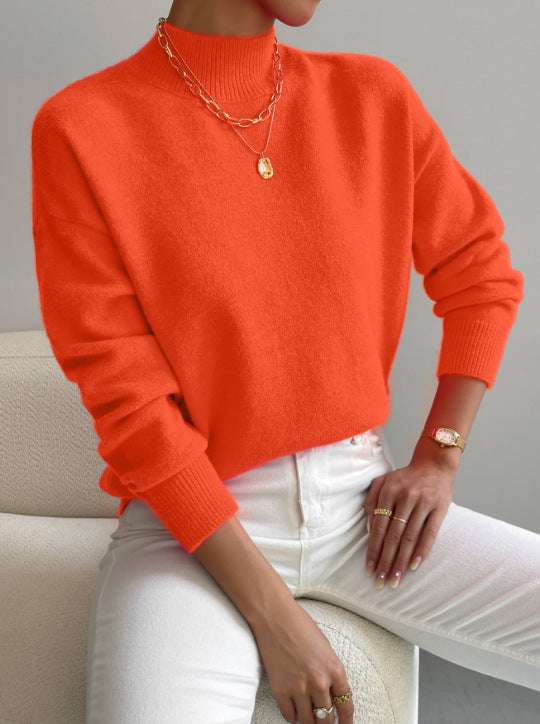 Women’s Mock Neck Long Sleeve Solid Knit Sweater Pullover with Ribbed Trim