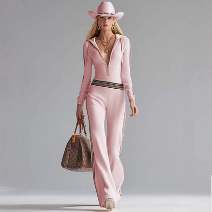Retro Sporty Vacation Hooded Zipper V-neck Off-white Knitted Jumpsuit