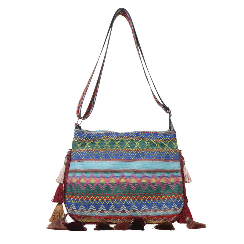 Bohemian Tribal Knit Crossbody Bag - Vintage Geometric Beach Shoulder Purse with Layered Tassels