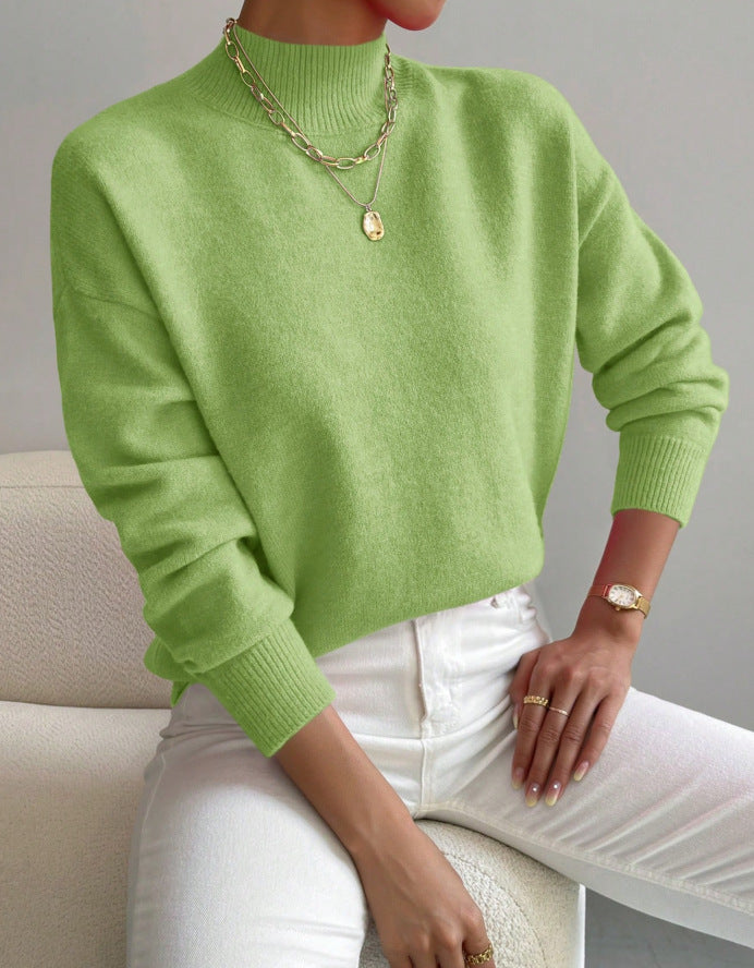 Women’s Mock Neck Long Sleeve Solid Knit Sweater Pullover with Ribbed Trim