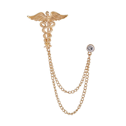 Lapel pins with chains, winged double serpent staff