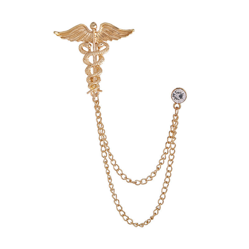 Lapel pins with chains, winged double serpent staff