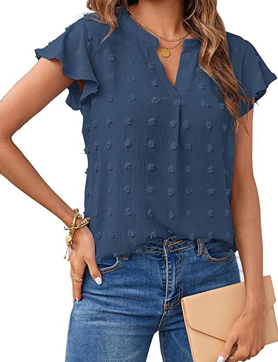 Swiss Dot V-Neck Chiffon Blouse | Ruffle Short Sleeve Casual Elegant Summer Shirt Top