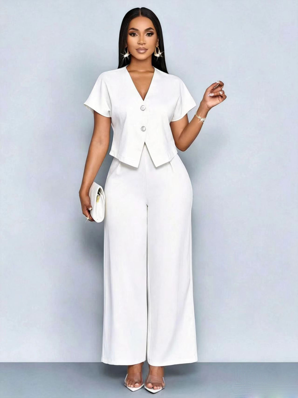 Solid-Color V-Neck Button-Front Asymmetric Short-Sleeve Pocket Top & Pants Set