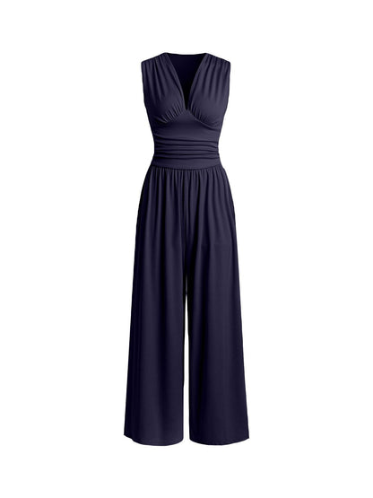 Chic Plunging V-Neck Sleeveless Jumpsuit - Elegant Ruched Waist Ribbed Knit Wide-Leg Romper for Women