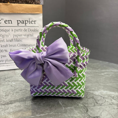 Bohemian Handwoven Upcycled Plastic Tote Bag - Retro Purple Checked Beach Basket with Large Pink Bow