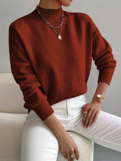 Women’s Mock Neck Long Sleeve Solid Knit Sweater Pullover with Ribbed Trim