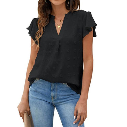 Swiss Dot V-Neck Chiffon Blouse | Ruffle Short Sleeve Casual Elegant Summer Shirt Top