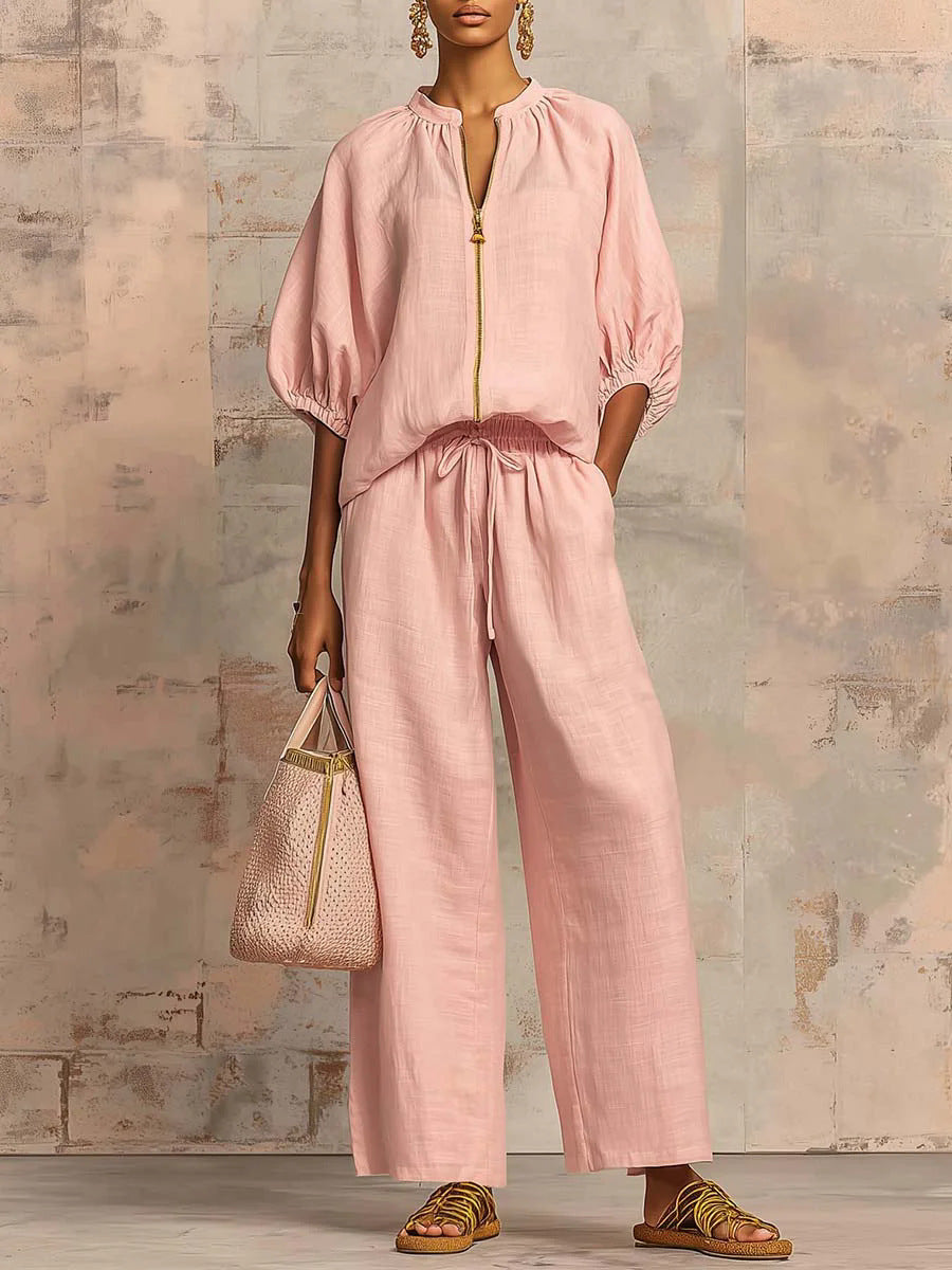 Ensemble de salon chic deux pièces - Blouse à demi-zip et manches bouffantes & Pantalon large taille haute pour femme, survêtement décontracté élégant