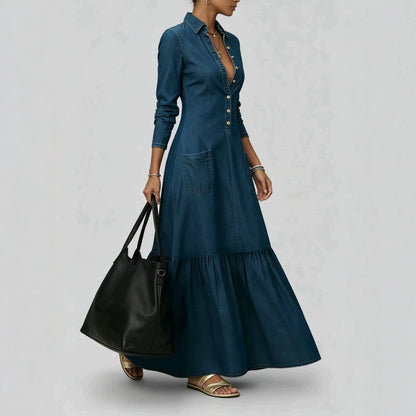 Women's Denim Solid-Color Patchwork Button-Front Slim-Fit Long-Sleeve Skirt