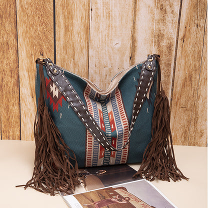 Vintage Southwestern Aztec Woven Shoulder Bag - Handmade Tribal Large Capacity Boho Tote with Leather Fringe