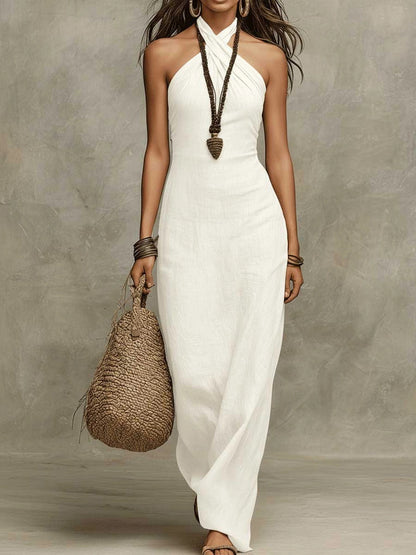 Stylish & Sexy Halter-neck Cotton-linen Maxi Dress