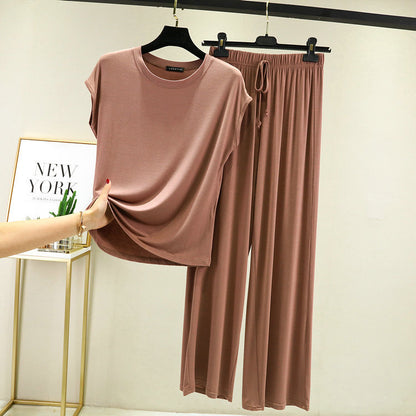 Women's Modal 2-Piece Lounge Set - Cap Sleeve Tee & Wide Leg Pants Pajama Set