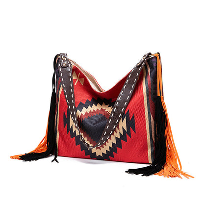 Vintage Southwestern Shoulder Bag - Handmade Tribal Large Capacity Boho Tote with Leather Fringe