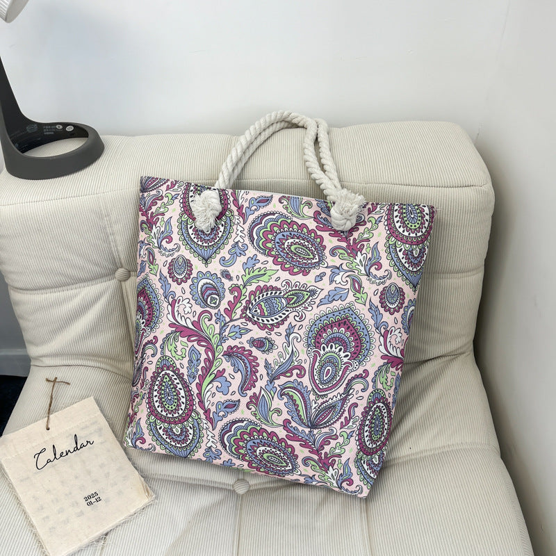 Bohemian Paisley Print Canvas Beach Tote Bag - Large Capacity Summer Vacation Travel Handbag with Rope Handles