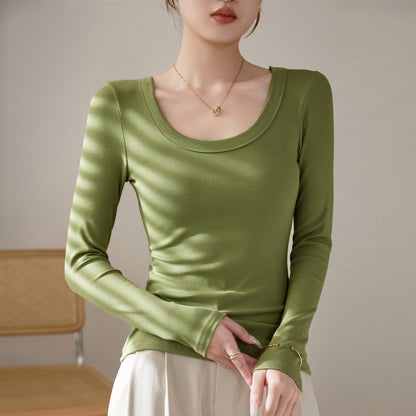 Premium High-Stretch Ribbed U-Neck Top - Slim Fit Classic Long Sleeve T-Shirt Scoop Neck Layering Base Layer
