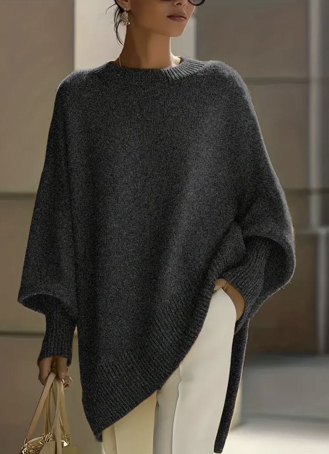 Premium Faux Cashmere Poncho Sweater - Slouchy Batwing Sleeve Crewneck Loose Pullover Plus Size