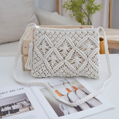 Bohemian Macrame Woven Crossbody Bag - Handmade Cotton Rope Envelope Clutch & Beach Purse with Tassel