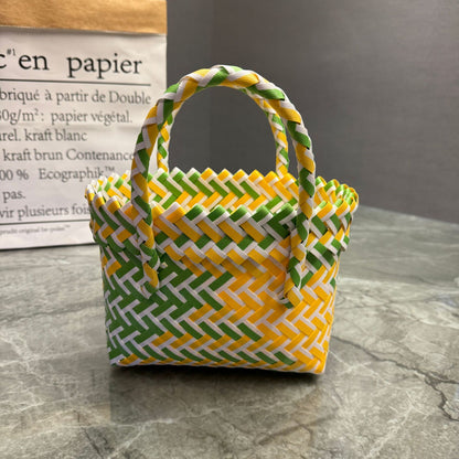 Bohemian Handwoven Upcycled Plastic Tote Bag - Retro Vibrant Striped Beach Basket & Gift Hamper Purse