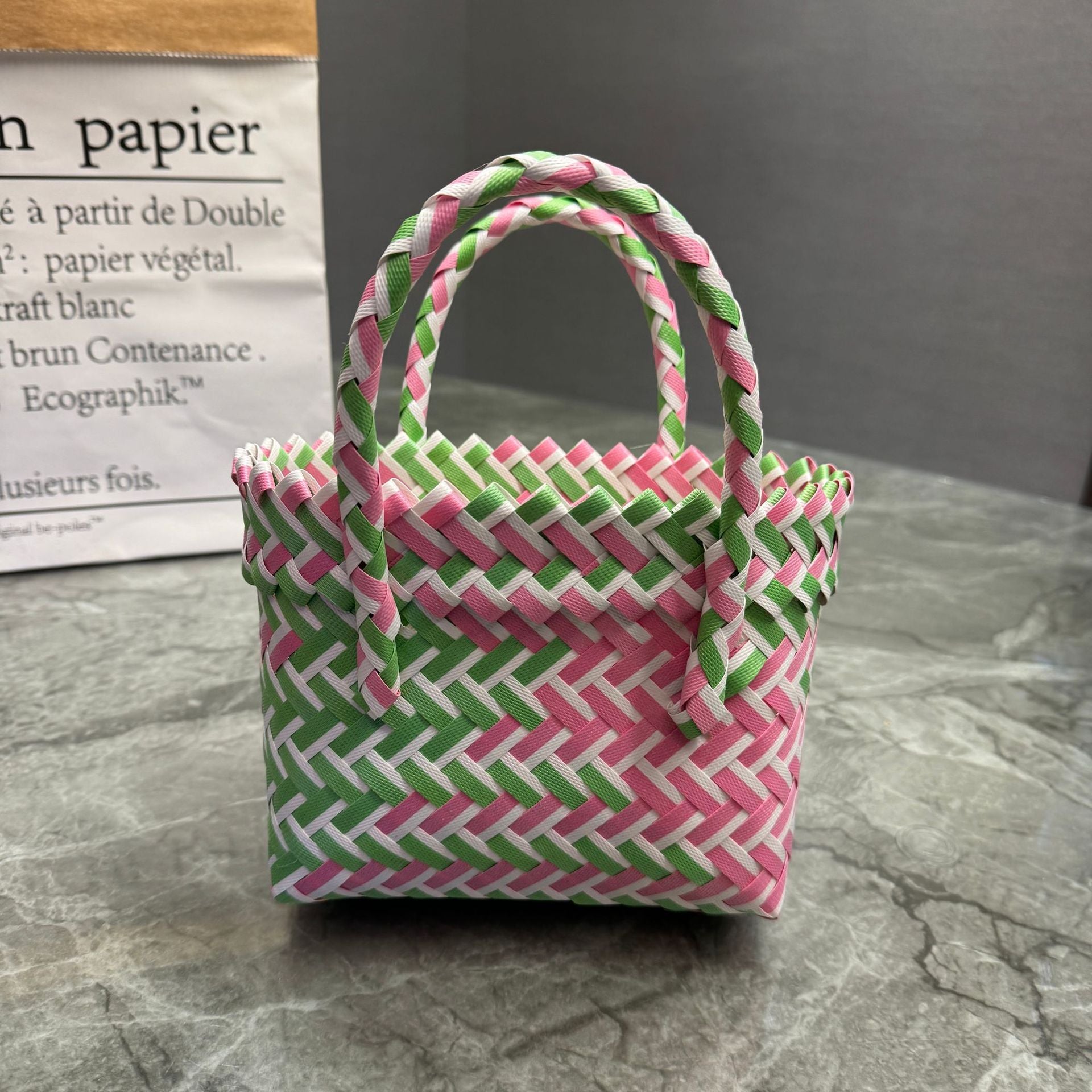 Bohemian Handwoven Upcycled Plastic Tote Bag - Retro Vibrant Striped Beach Basket & Gift Hamper Purse