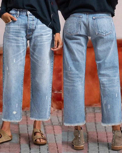 Vintage Washed Distressed Crop Jeans for Women - Loose Fit Raw Edge Trousers