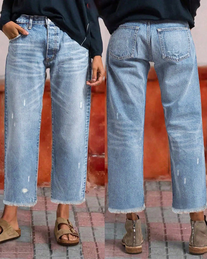Vintage Washed Distressed Crop Jeans for Women - Loose Fit Raw Edge Trousers