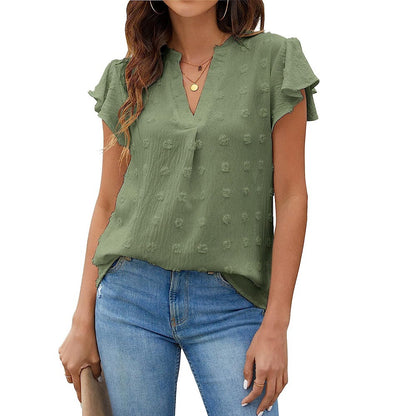 Swiss Dot V-Neck Chiffon Blouse | Ruffle Short Sleeve Casual Elegant Summer Shirt Top