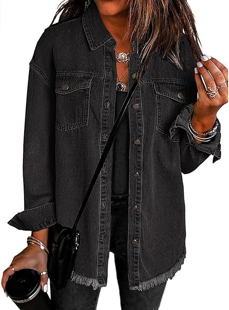 Women's Loose Casual Denim Shirt Jacket with Frayed Hem | Retro Washed Button Up Cotton Jean jacket