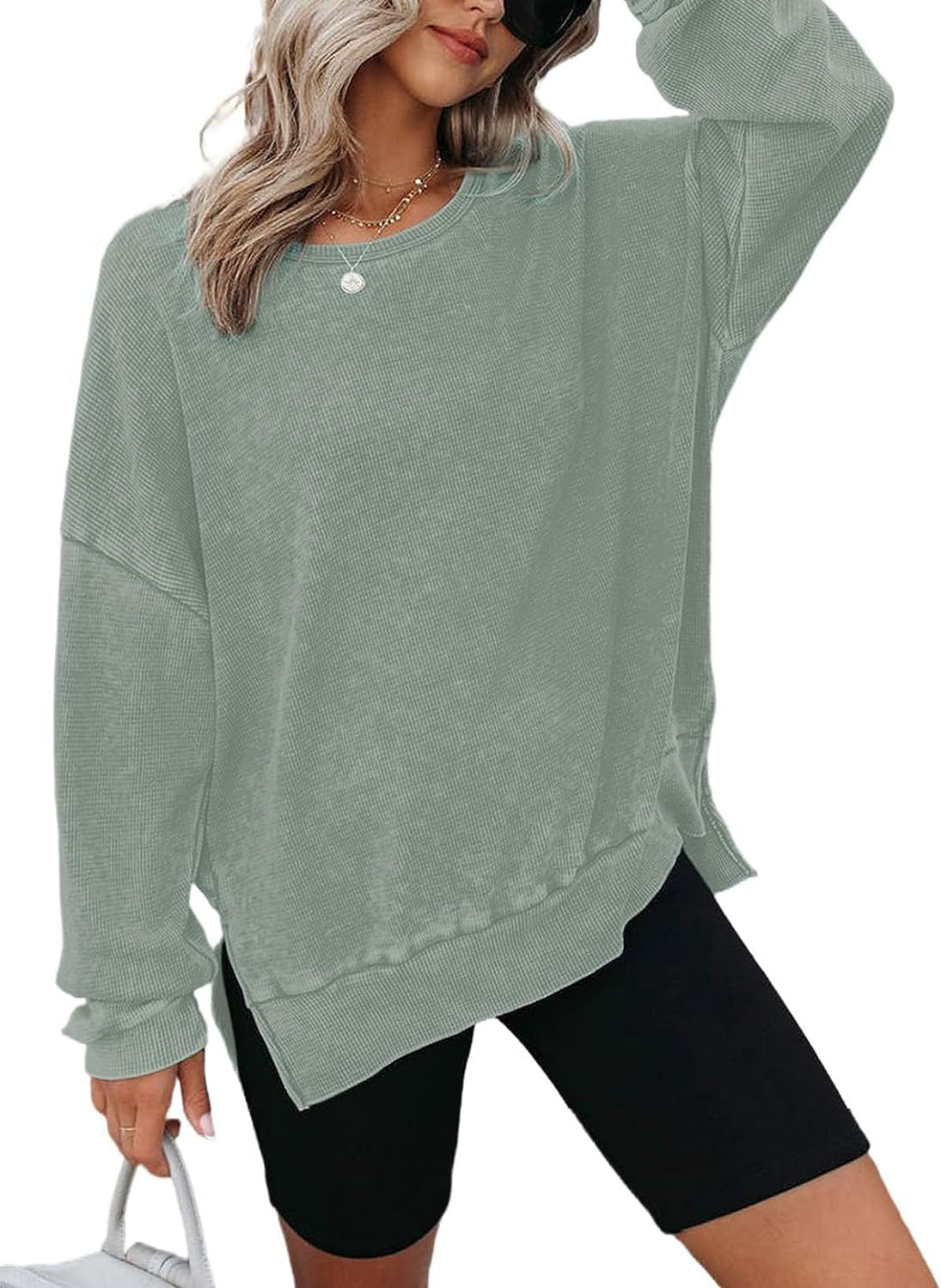 Waffle Knit Oversized Sweatshirt | Loose Fit Round Neck Side Slit Casual Long Sleeve T-Shirt Top