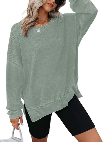Waffle Knit Oversized Sweatshirt | Loose Fit Round Neck Side Slit Casual Long Sleeve T-Shirt Top
