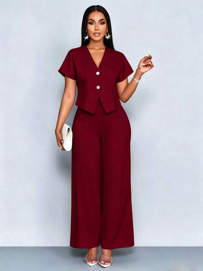 Solid-Color V-Neck Button-Front Asymmetric Short-Sleeve Pocket Top & Pants Set