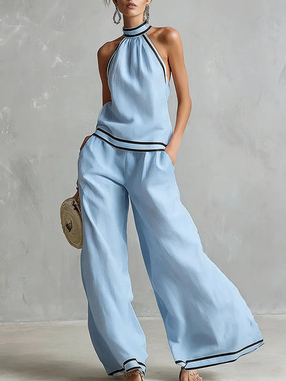 Elegant Minimalist Trimmed White Cotton Linen Halter Neck Top And Wide-leg Pants Set