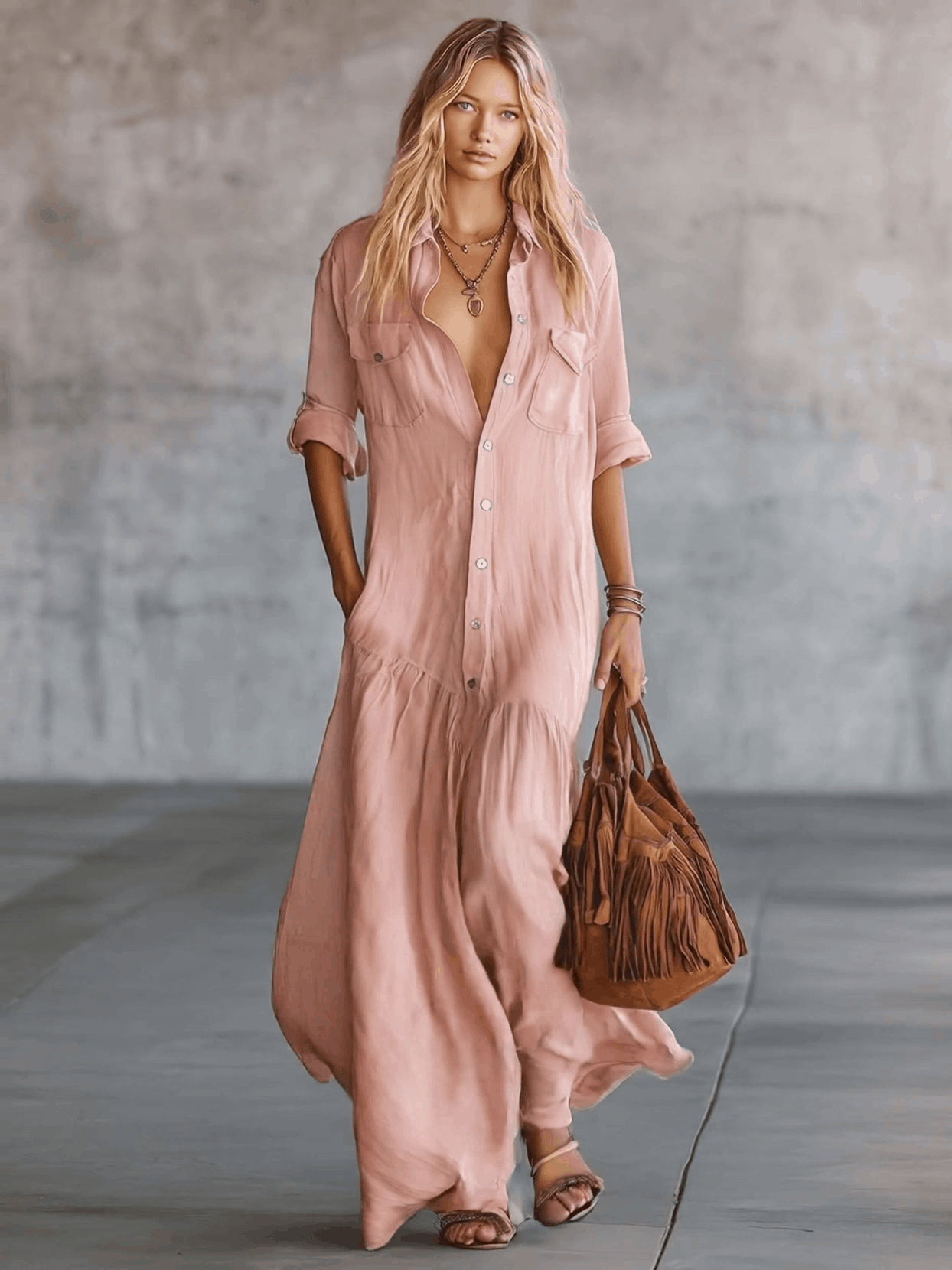 Robe longue décontractée rose en coton et lin, style rétro western, col en V, boutonnée sur le devant, manches courtes