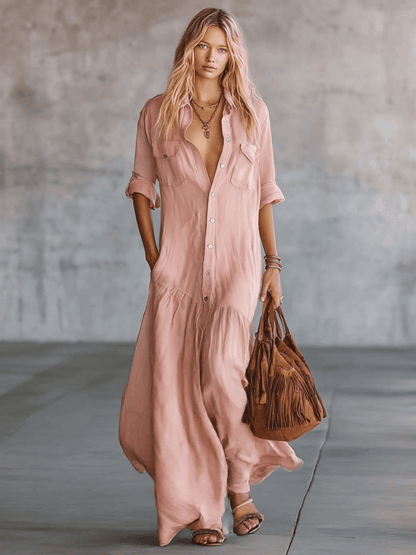 Robe longue décontractée rose en coton et lin, style rétro western, col en V, boutonnée sur le devant, manches courtes