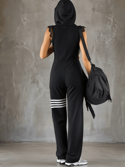 Combinaison à capuche sans manches noire rayée, style sportif rétro avec lacets