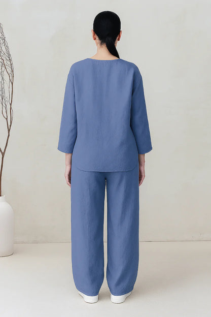 Ensembles deux pièces en mélange de lin pour femme – Haut surdimensionné à col en V et bouton unique, et pantalon à jambes larges, ensemble décontracté d'été pour la détente