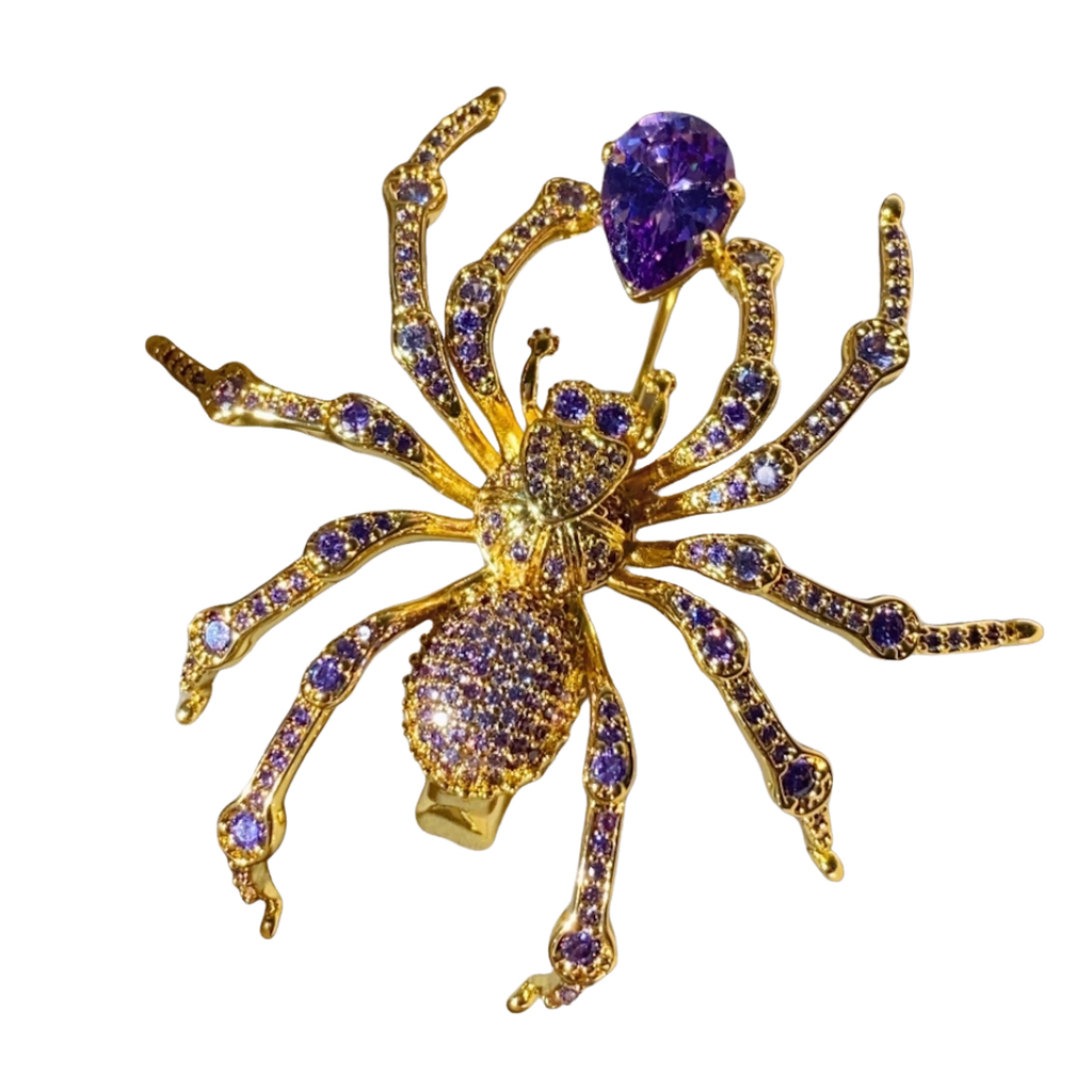 Shiny zircon spider brooch, gold, black spider jewelry with gift box