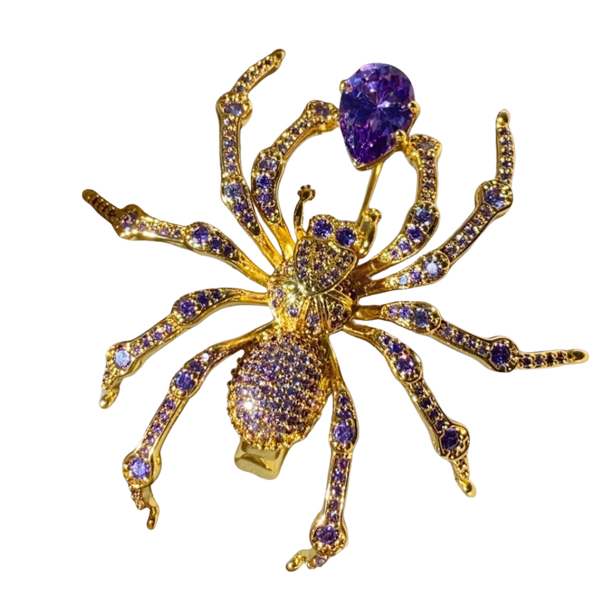 Shiny zircon spider brooch, gold, black spider jewelry with gift box