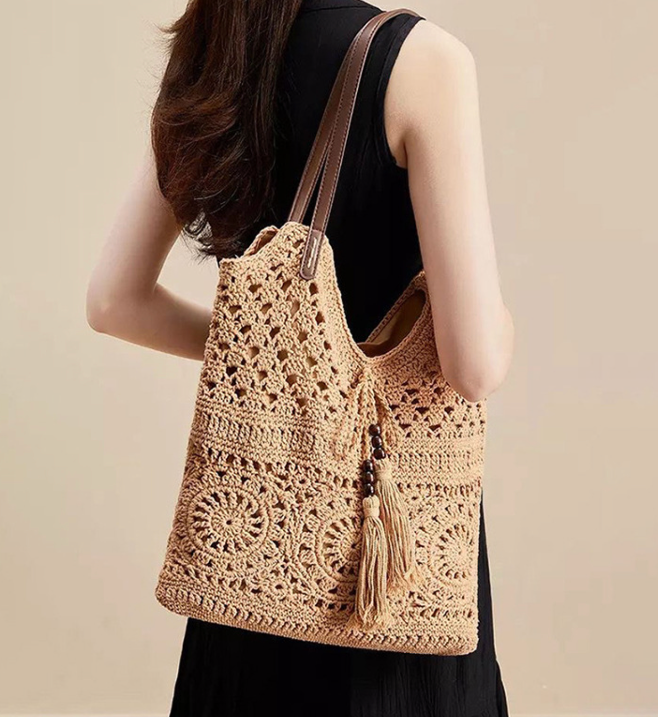 Bohemian Crochet Hollow-Out Straw Tote Bag - Handmade Mesh Shoulder Purse with Wooden Bead Tassels
