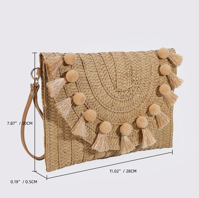Bohemian Straw Envelope Clutch Bag - Vintage Woven Crossbody Purse with Tassels & Pom Poms for Women