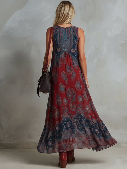 Robe longue sans manches en mousseline de soie à imprimé bohème ethnique rétro