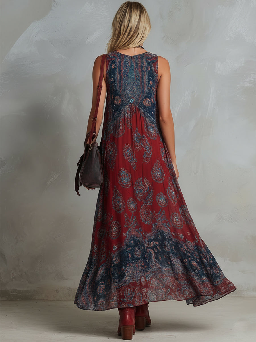 Robe longue sans manches en mousseline de soie à imprimé bohème ethnique rétro