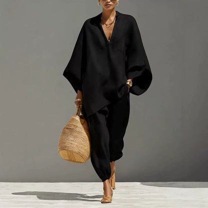 Women's Linen Two Piece Outfits – Loose Oversized V-Neck Tunic Top and Jogger Pants Set, Summer Vacation Boho Co-ord Set