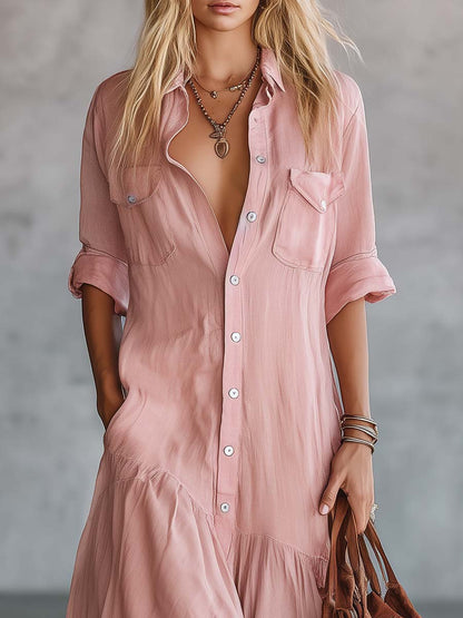 Robe longue décontractée rose en coton et lin, style rétro western, col en V, boutonnée sur le devant, manches courtes