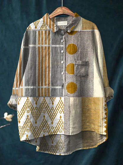 Women's Vintage Abstract Geometry Art Print Casual Cotton And Linen 3/4 Sleeve Shirt