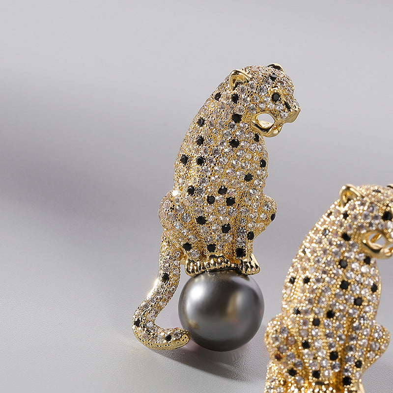 Vintage leopard zircon brooch with mother pearls, women's pin pendant jewelry gift.